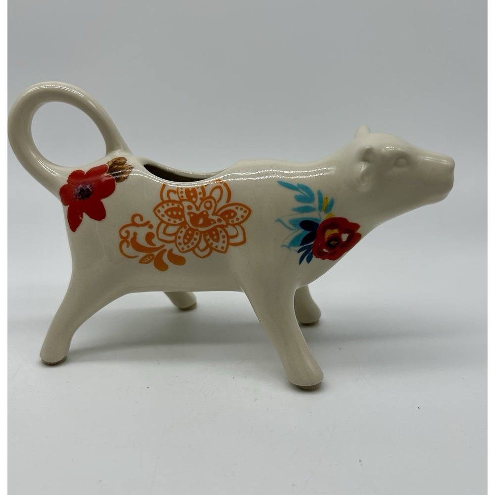 Pioneer Woman Cow Creamer Flea Market Floral Stoneware White Ceramic EUC Country